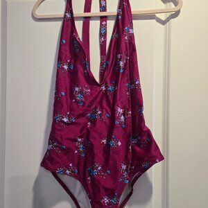 Volcom burgundy floral one piece swim suit